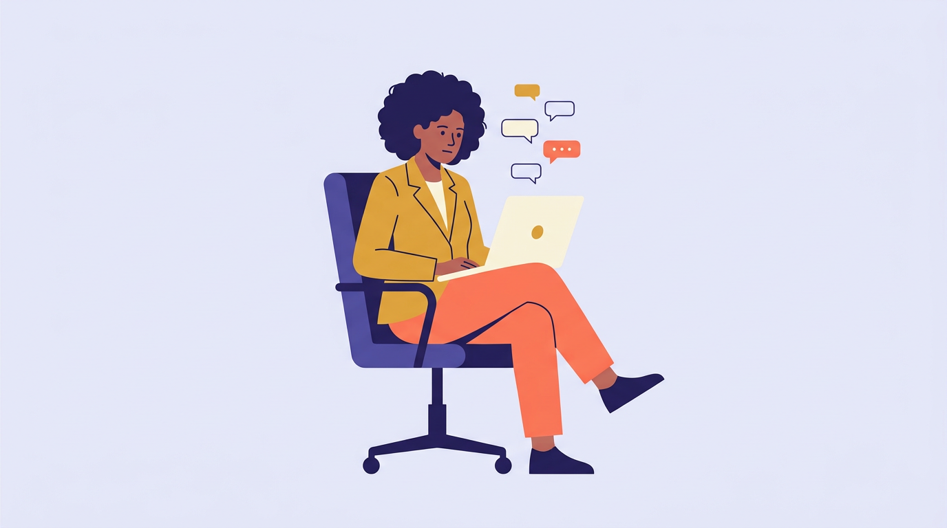 Illustration of a person in a yellow blazer sitting in an office chair with a laptop, with chat bubbles floating beside them