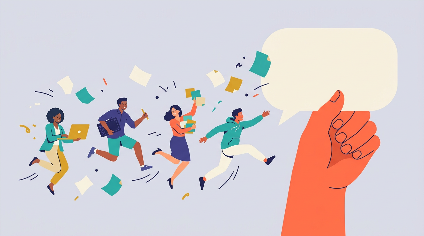 Illustration of four people leaping toward a giant hand holding up a speech bubble